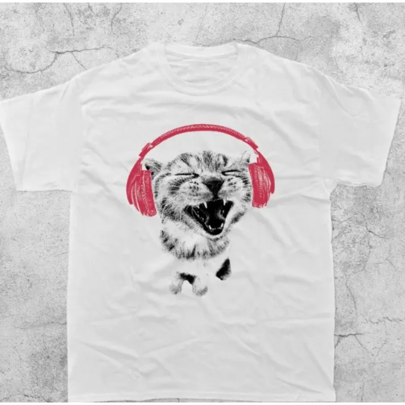 Music Cat Earphone T-shirt, Fun Retro Cat T-shirt, Retro Meme T-shirt, Men's Fun Pattern T-shirt, Summer New Collection