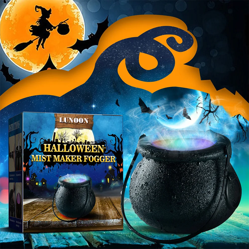 Halloween Witch Cauldron Fog Maker 6 LED Lights Water Fountain Mist Maker Color Changing for Halloween Decorative Prop