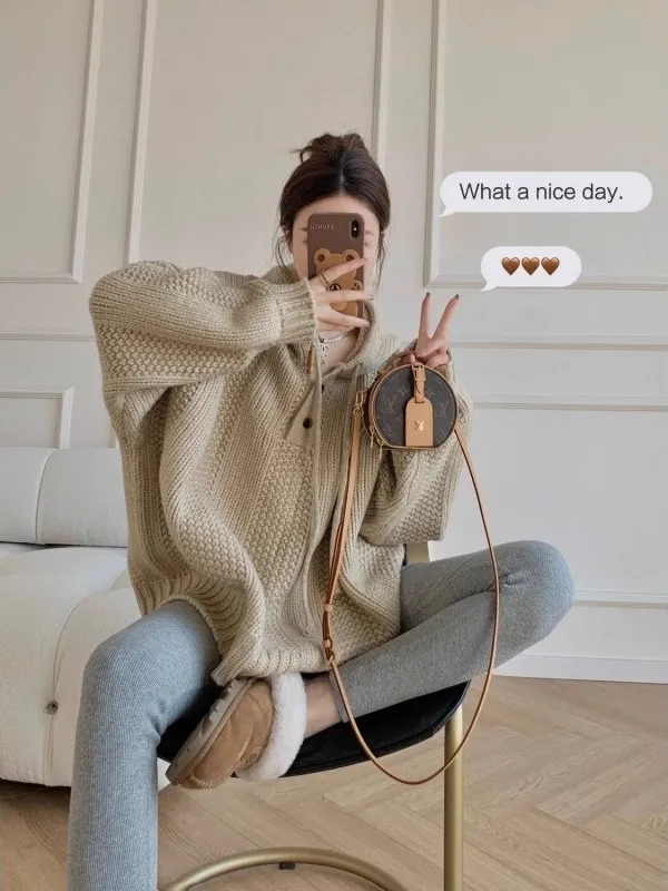 

Large Size Hooded Knitwear Men's f Open Front Dstring Retro Sle Texture Sensation Long Sve Casual Top for Autumn W...