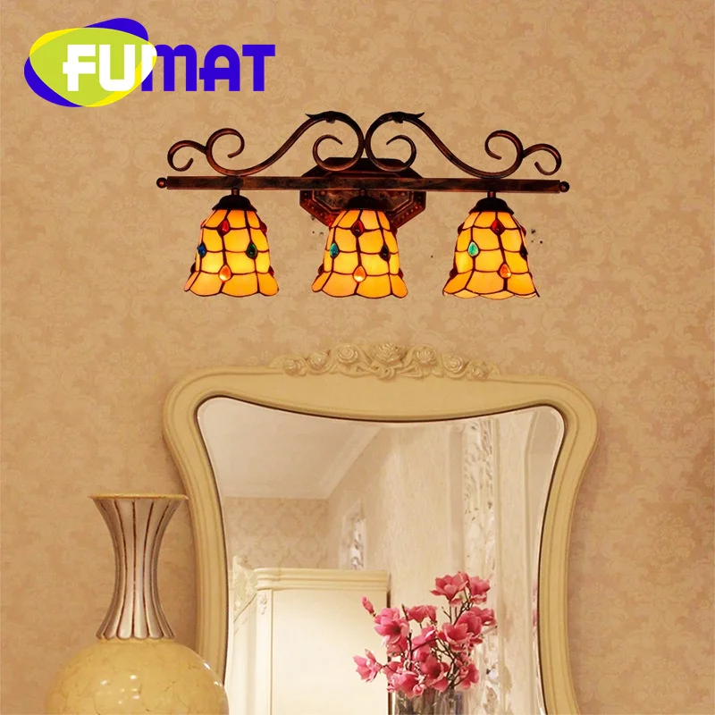 FUMAT Tiffany style stained glass retro colored bead wall light Bar Restaurant Bedroom corridor three head wall lamp LED decor