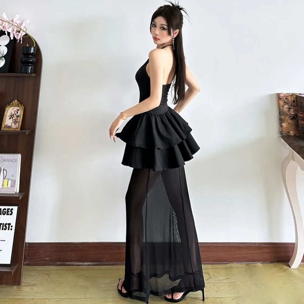 Sukienka maxi z siateczki SylCue, damska, wiązana na szyi, z głębokim dekoltem, odkrytymi ramionami, bez pleców, z falbanami, na nocny bal, marszczona, elegancka, Vestidos