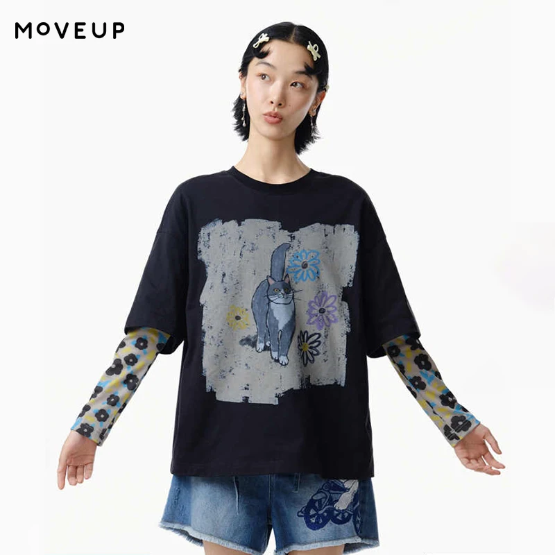 

MOVEUP Long Sleeves Round Neck T-Shirt 2026 Spring Cartoon Animal Print Pure Cotton False Two-Piece Top For Women 325110515