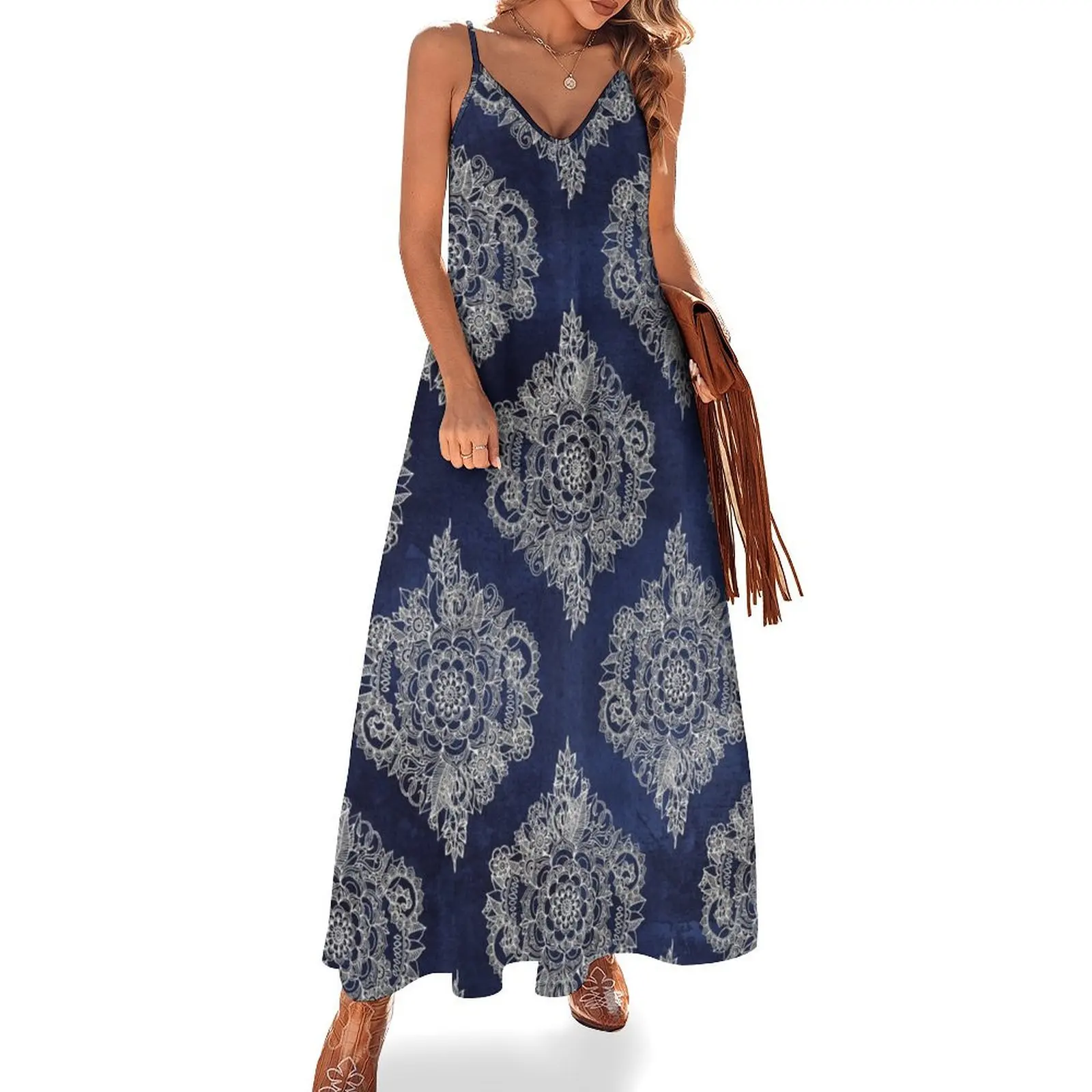 

Cream Floral Moroccan Pattern on Deep Indigo Ink Sleeveless Dress women's dresses luxury Dress for girls