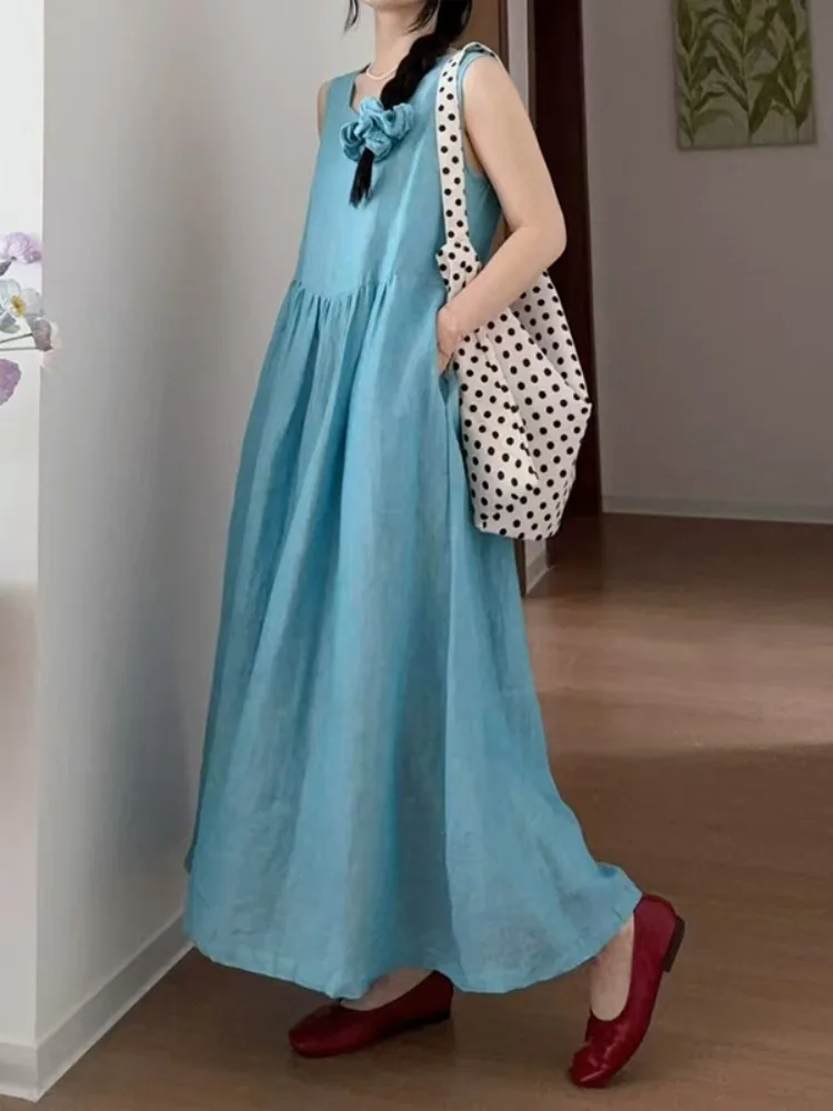 فستان صيفي كاجوال بدون أكمام من القطن والكتان للنساء، تنورة طويلة واسعة فضفاضة برقبة مستديرة وتصميم على شكل حرف A بلون موحد