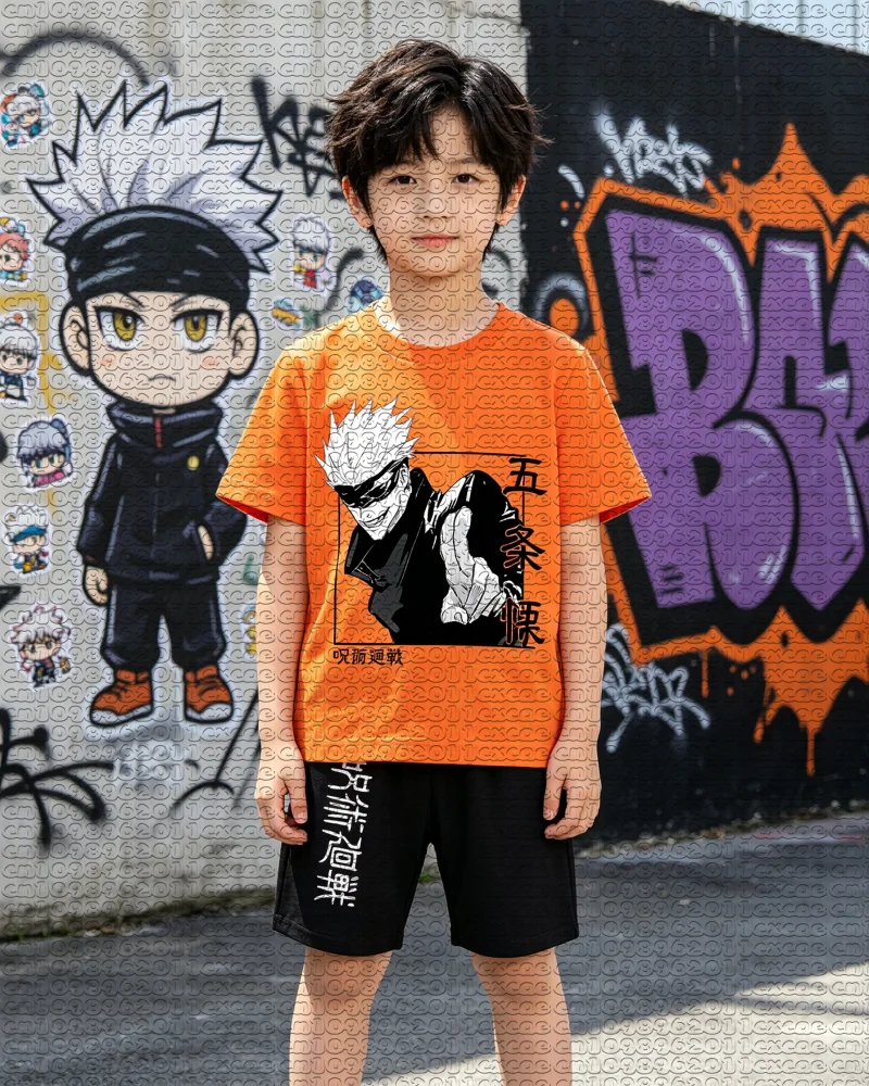 Unisex Kids Summer Anime Gojo Satoru Japanese Text Graphic Two Piece Set Quick Dry Short Sleeve T-Shirt Shorts Sports Outfit
