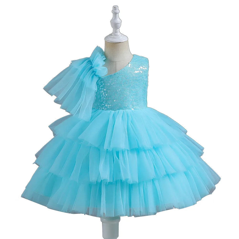 Summer Toddler Baby Girls Light Lake Blue Flower Girl Dress for Birthday Party Bow Dress for 1-2-3-4-5-10Year-Old Kids