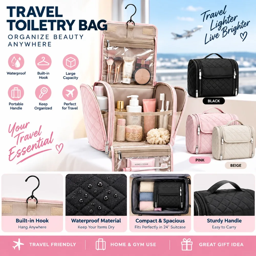 Waterproof Hanging Toiletry Bag Hanging Hook Clear Pockets Cosmetic Carry Case Quilted Exterior Multi Compartment