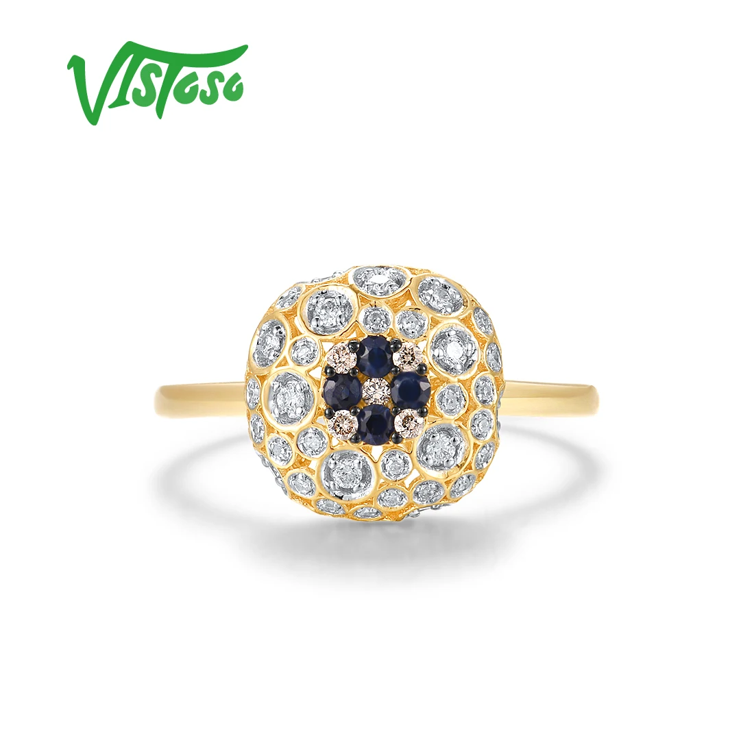 VISTOSO For Women Authentic 14K 585 Yellow Gold Ring Sparkling Blue Sapphire Diamond Round Luxury Dazzling Wedding Fine Jewelry