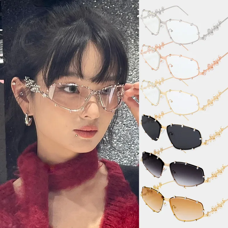 Women's Punk Rhinestone Retro Silver Anti Blue Light Eyewear Stainless Steel Oval Frame Glasses Girl Reading Seaside Spectacles