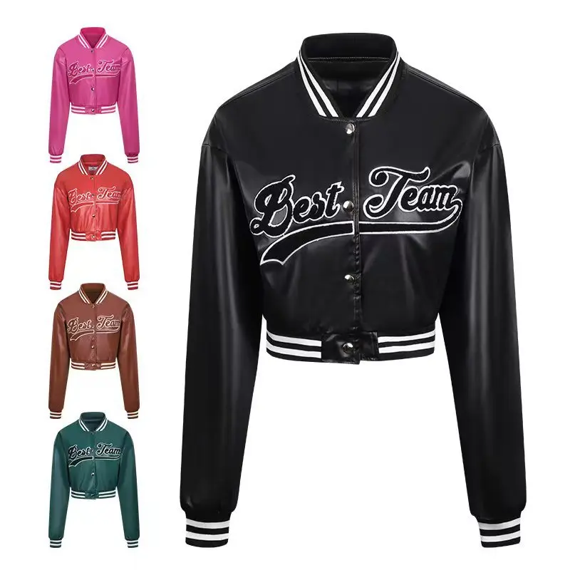 2025 new leisure leather jacket Spring and autumn long sleeve coat women fashion leather motorcycle wear baseball wear PU jacket