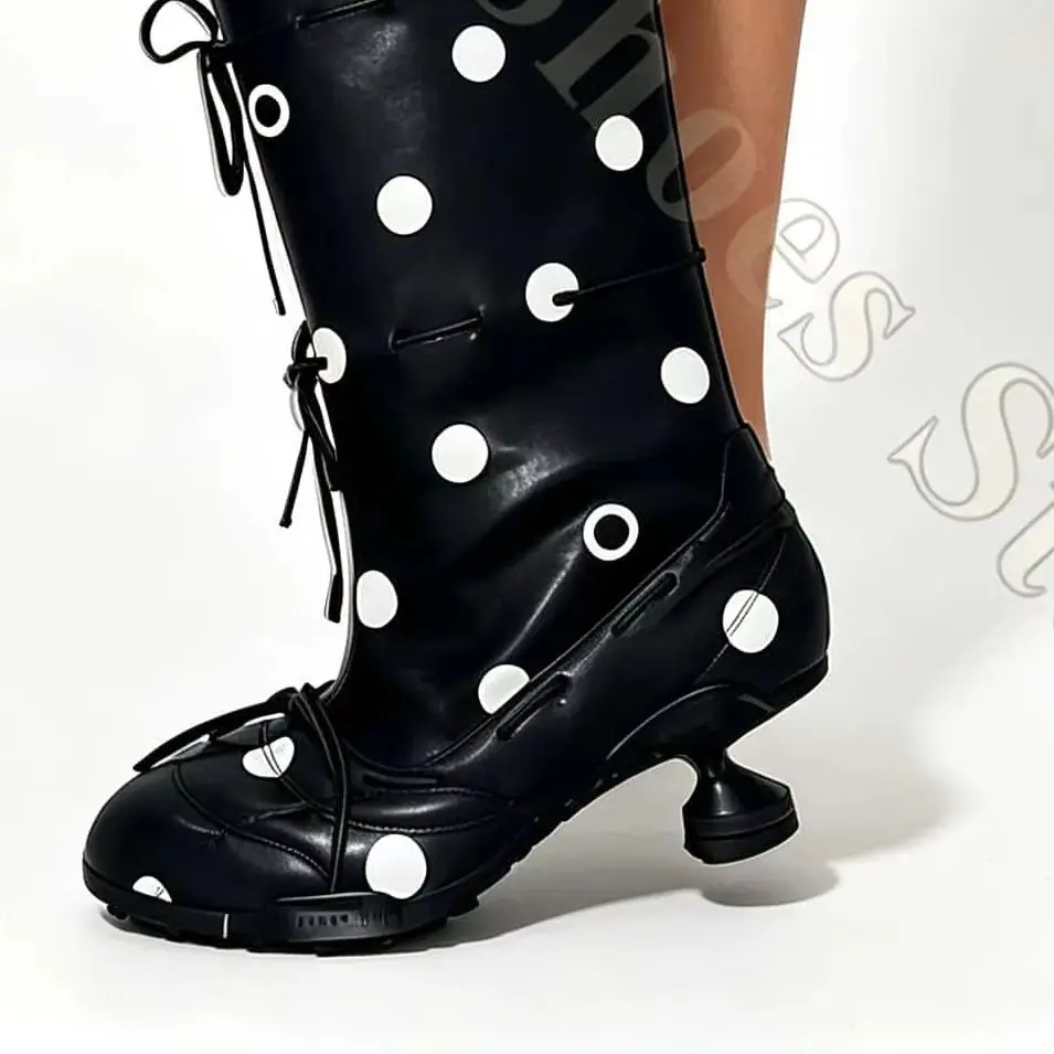 

Polka Dot Heart Print Knee High Boots Lace Up Non Slip Comfortable Cushioned Supportive Lightweight Breathable Gothic Lolita