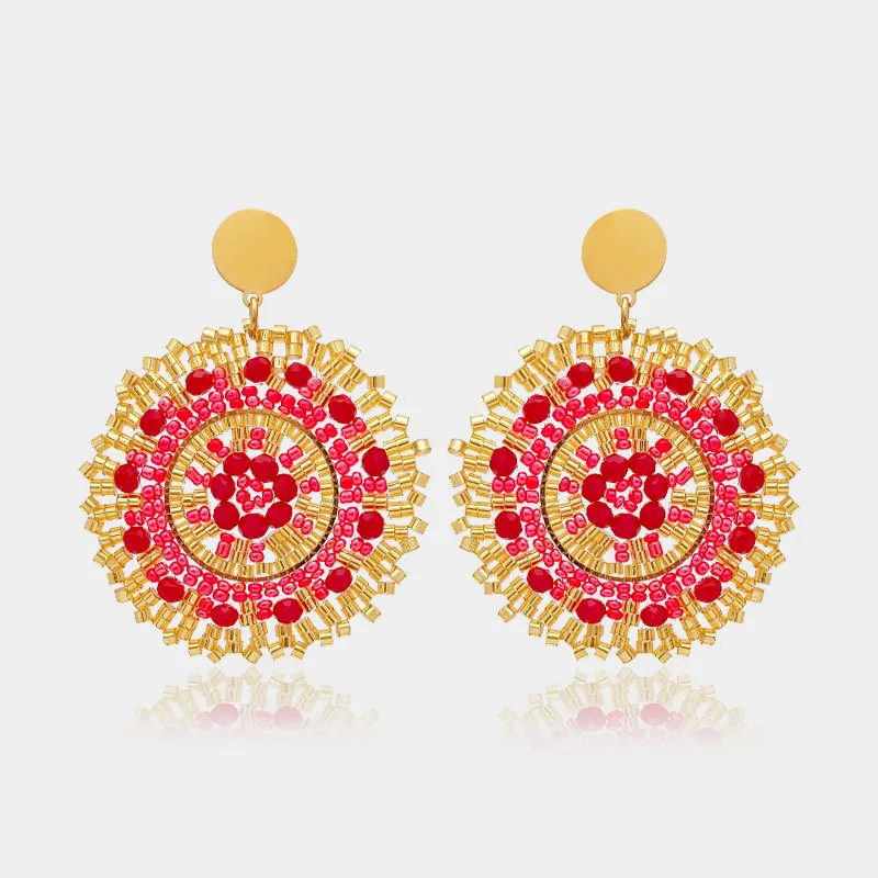 ZGMXR Bohemia Sunflower Red Rice Bead Earrings Hand Knitting Alloy Crystal Fashion Versatile Original Design Beaded Jewelry