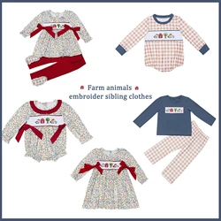 Baby New Winter Cotton Long Sleeve T-shirt Set Round Neck Farm Animal Embroidery Boy Blue Top Clothes And Khaki Lattice Pants