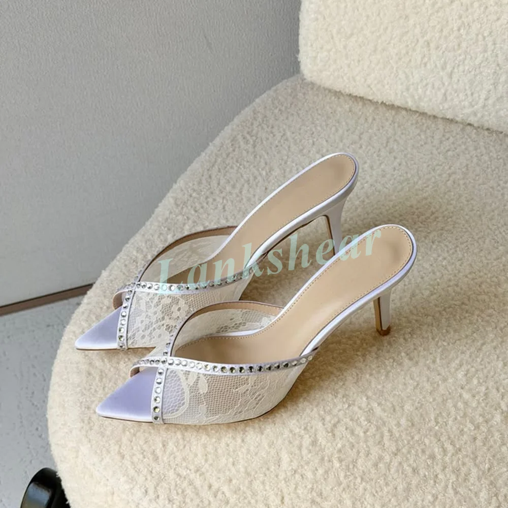Brown Floral Lace Pointed Toe Backless Slide Stiletto Mules for Women Crisscross Satin Trim Vintage Elegant Footwear Date Nights