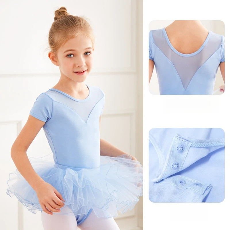 Two-piece summer dance outfit for young girls, featuring long-sleeve top and ballet tulle skirt, kids' practice dancewear 5