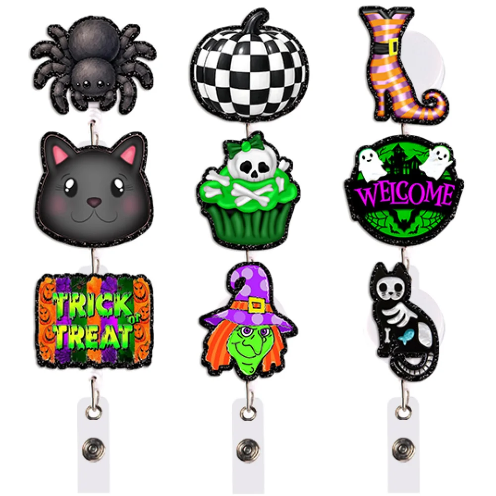 Halloween Potion Spider Color Glitter Acrylic Reel Clip Card Holder Permit Name Badge with Keychains Student Accessories