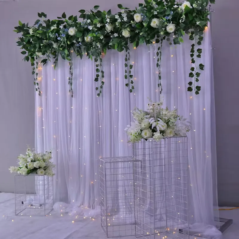 Customized Wedding Background Decoration Veil Bilayer Design Yarn Curtain With Flower Row For Birthday Baby Shower Party Layout