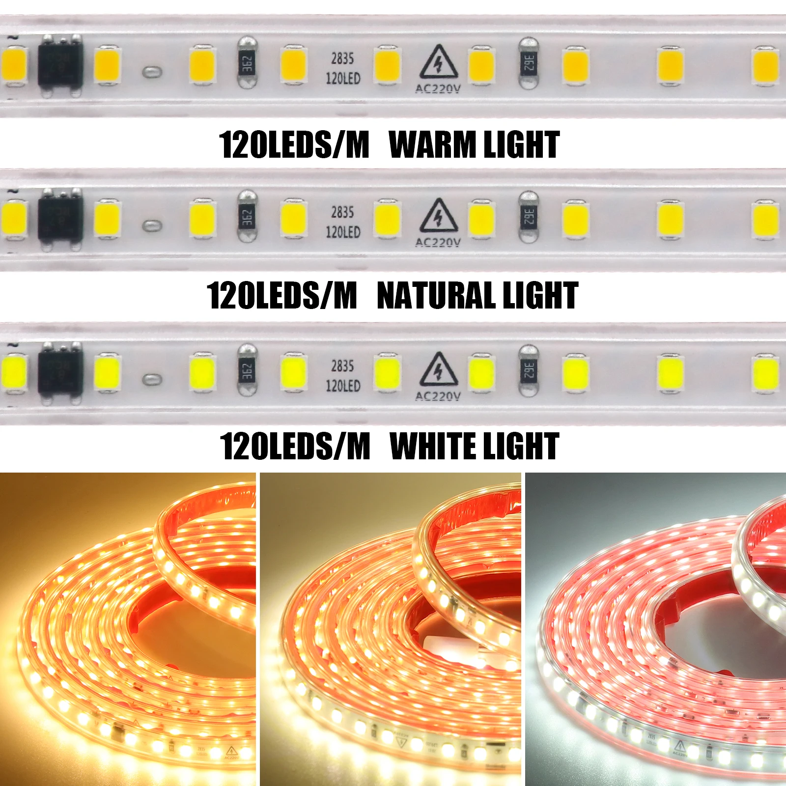 Tira de luces LED impermeable de 220V, cinta Flexible de 10cm, corte SMD2835, 120LED/m, barra de lámpara suave autoadhesiva, blanco frío Natural