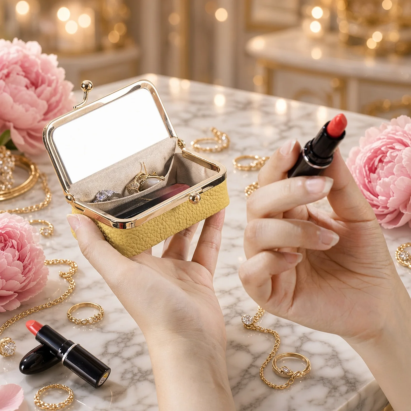Luxury Litchi Grain Leather Lipstick Case Mini Cosmetic Bag with Built-in Mirror