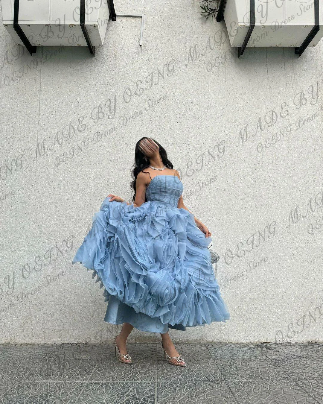 OEING Sky Blue Prom Dresses Elegant Princess Tulle Tiered Flowers Party Dress Special Occasion Ladies Gown Vestidos De Novia