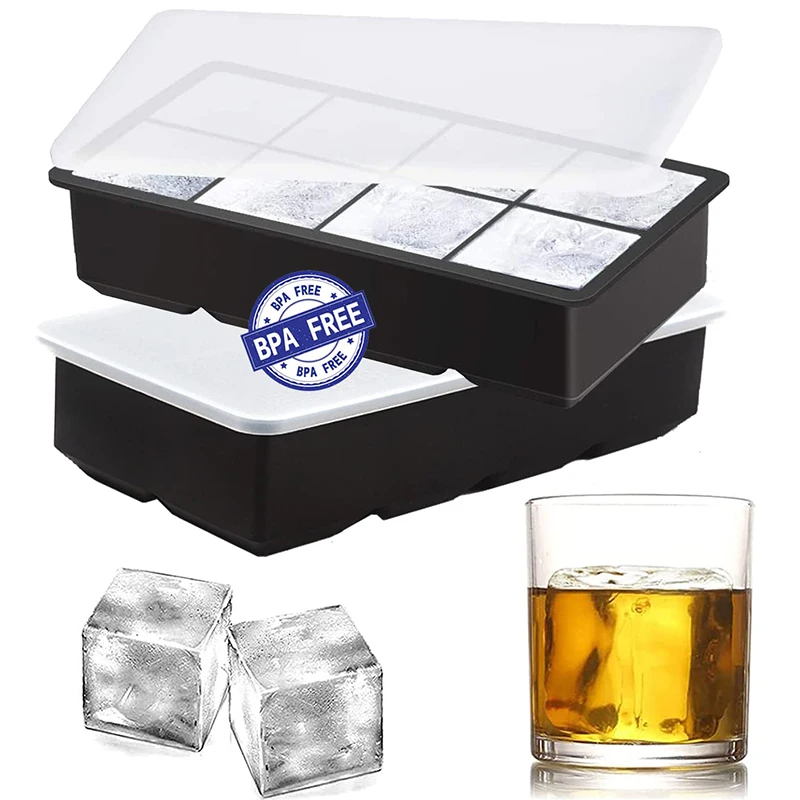 

Large Silicone Ice Cube Trays With Lids 8 Cavity BPA Free Square Shapes Ice Maker Molds for Chilling Drinks Whiskeys Cocktails
