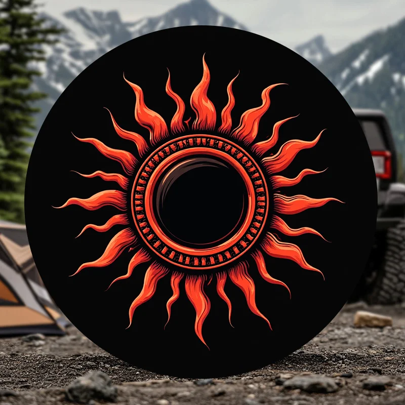 1pc Car Spare Tire Cover, Featuring A Trendy And Scorching Sun Totem Design As Dazzling As Blazing Flames. It Provides Universa