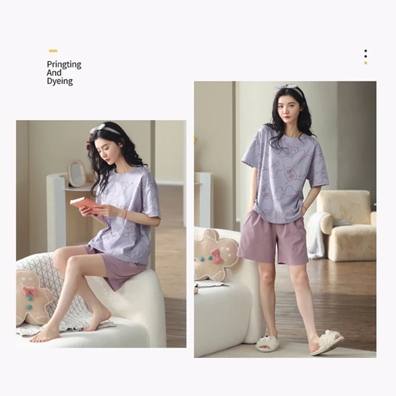 MiiOW Summer Loose  Breathable Cotton Soft Set Woman 2 Pieces Women\'s Pajama Set Short Sleeve Shorts Homewear Pyjama Pour Femme