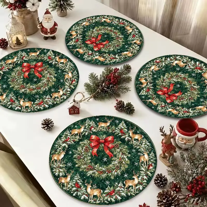 VIKAMA Green Wreath Deer Bow Round Placemat, 3 Designs, Table Mat for Kitchen Dining Party