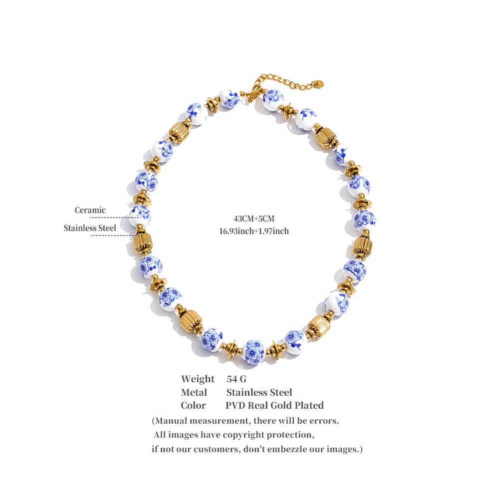 Yhpup Neuheiten Handgefertigter Schmuck Edelstahl Blaue Keramikblumen-Perlenkette Stilvolle Halskette Beliebtes Accessoire – Detail 1