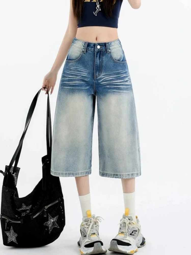 American Retro Y2K Baggy Capri Jeans for Women Gradient Washed Denim Cropped Trousers Back Pocket Fashion Trend Casual Pants