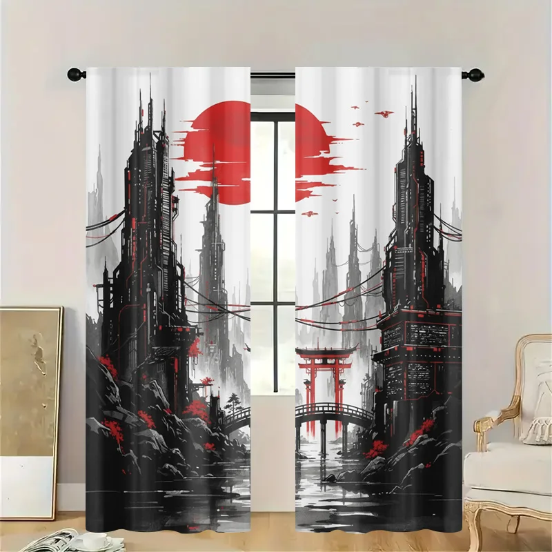 Decorative Cyberpunk Window Curtain Neo-Tokyo Anime Sci-Fi Cityscape Art Print Modern Industrial Gothic Style Window Drapery Pan