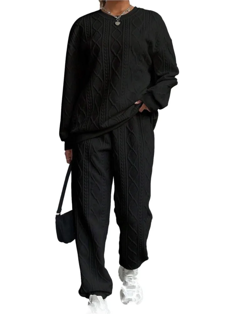 موضة الصلبة الرياضة مجموعة للنساء عادية كم طويل س الرقبة كنزة قطيفة القمم + السراويل 2 قطعة مجموعات سيدة الشارع الشهير الملابس جديد #5