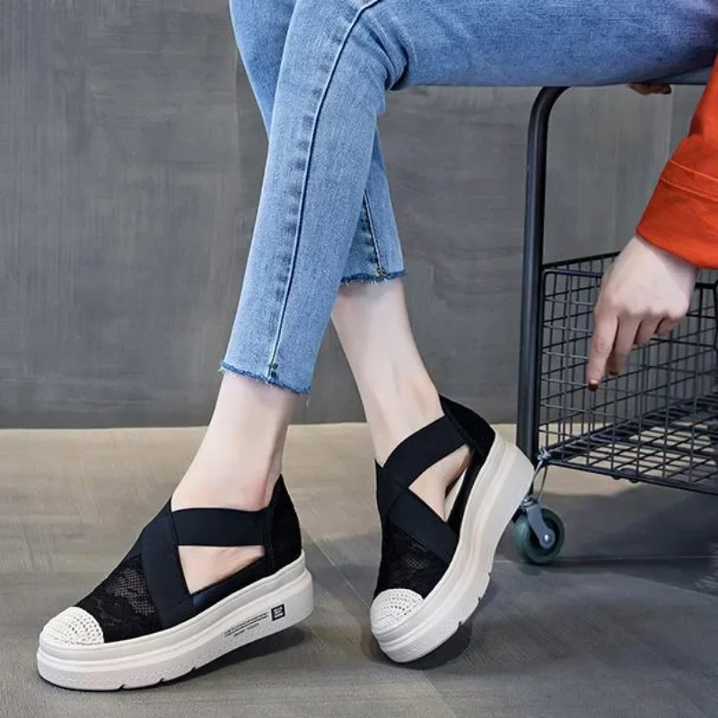 7cm Air Mesh Platform Wedge Flats Lace Breathable Comfy High Brand Summer Spring Fashion Chunky Sneaker Autumn Casual Shoes