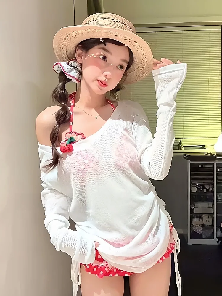 Cute Cherry Bikini Three-piece Set Long Sleeve Sun Protection Cover up Vacation Swimsuit Sweet Girl Japanese Style Swimwear