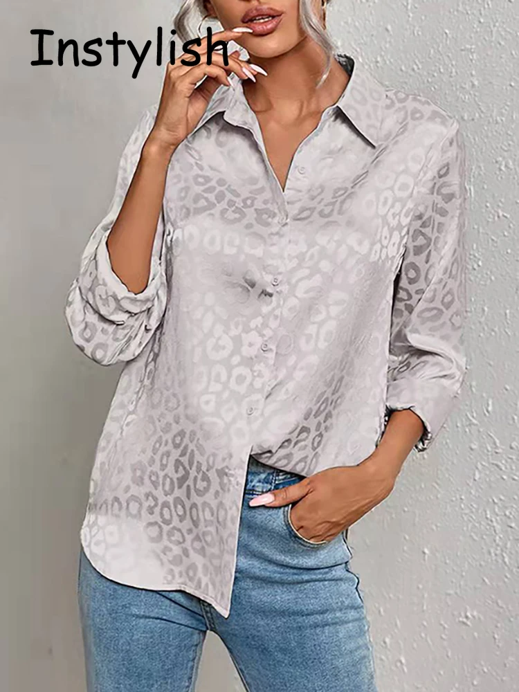 Women Leopard Print Luxury Blouse Spring Summer Long Sleeve Lapen Vintage Button Up Shirt Office Lady Satin Tunics Harajuku Top