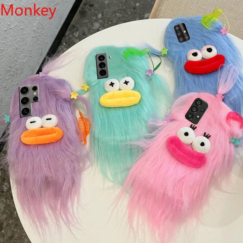 3D Korean Funny Fluffy Plush Monster Case For Samsung S24 S23 S22 S21 S20 Note 20 A04S A14 A24 A34 A54 Cute Girl Fur Soft Cover