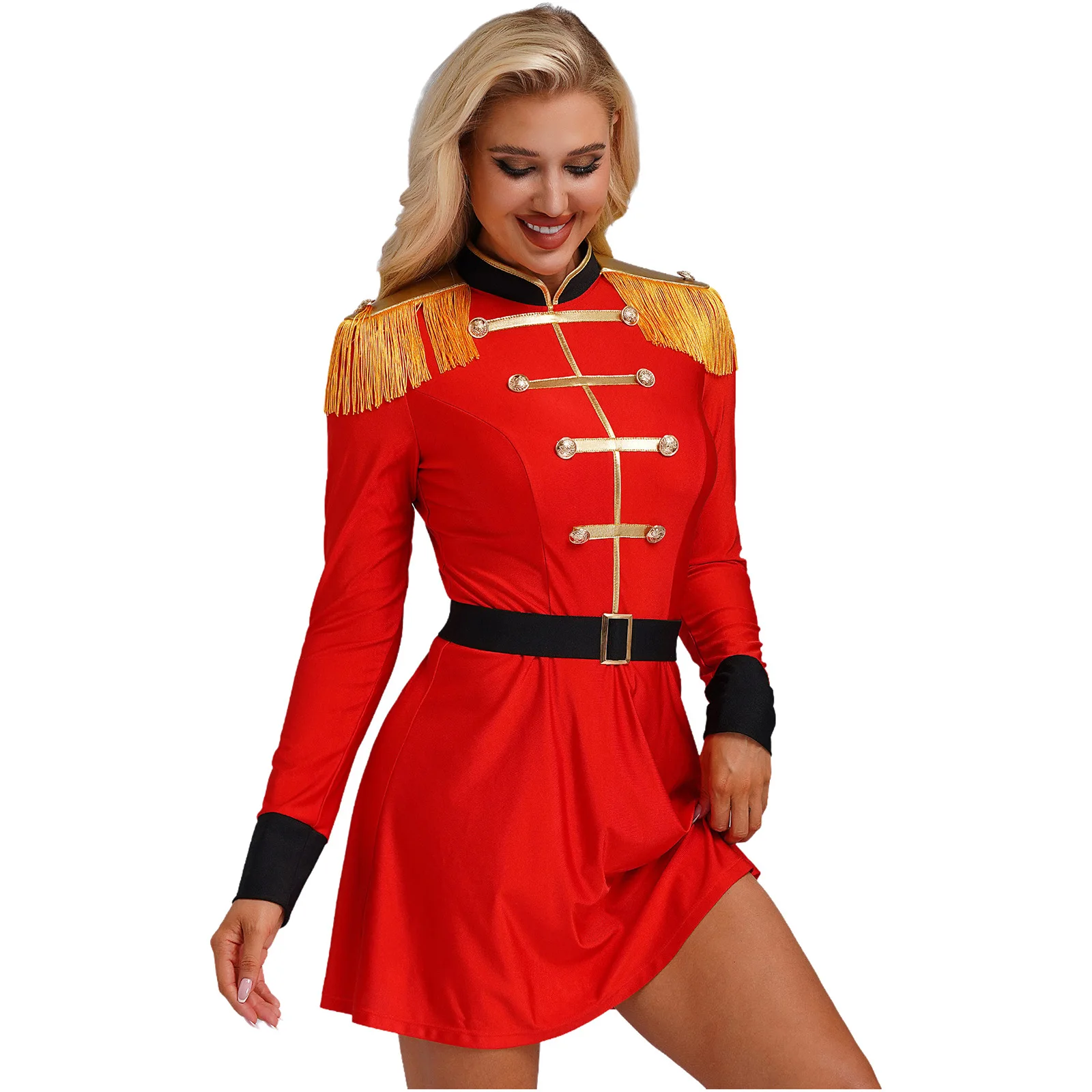 Womens Circus Ringmaster Lion Tamer Cosplay Costume Slim Fit Long Sleeve Dress with Belt Tassel Shoulder Dress Circus Clothings