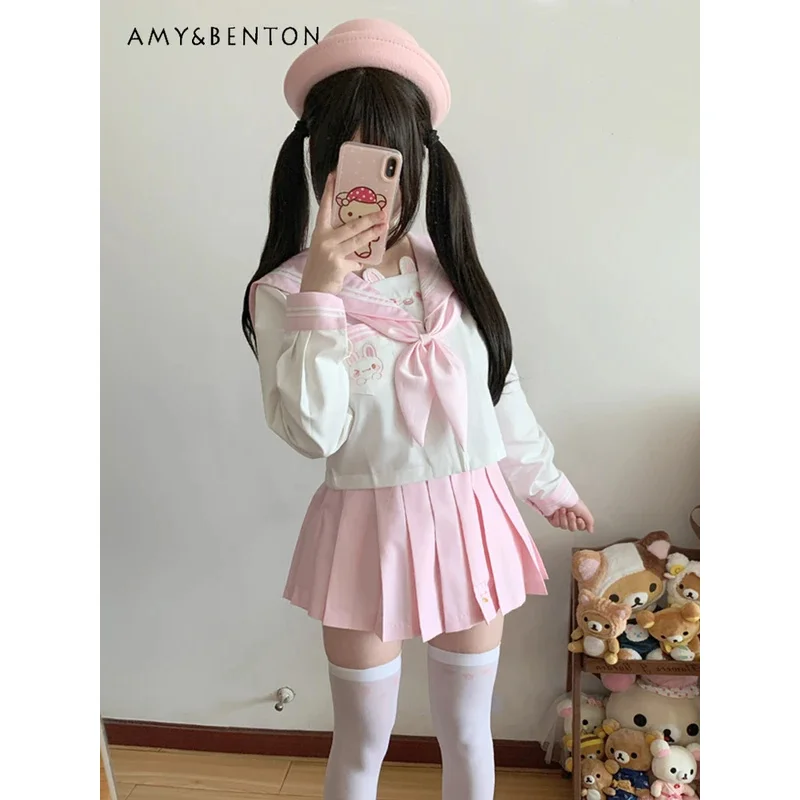 

25COSCute Jk Uniform Female Japanese Preppy Style Sweet Cartoon Embroidery Rabbit Ears Navy Collar Shirt Pleated Skirt Two-piece