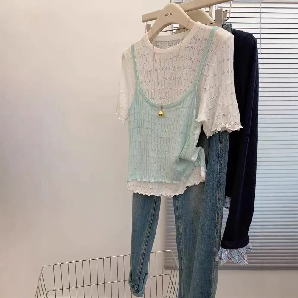

Spring and Summer 2026 New Contrasting Color Fake Two Short Temperament Knitted Short-sleeved T-shirt Unique Beautiful Top