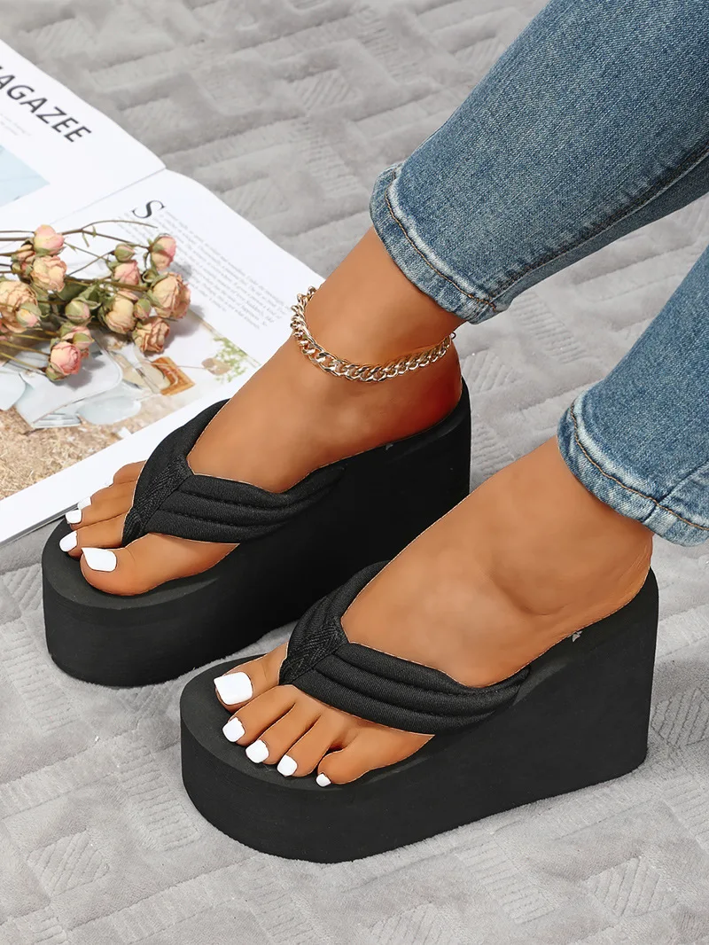 Women\'s High-heeled Slippers Female Summer Platform Flip-flops Beach Shoes Wedges Clip Sandals Casual Outside Wear Slides Shoes