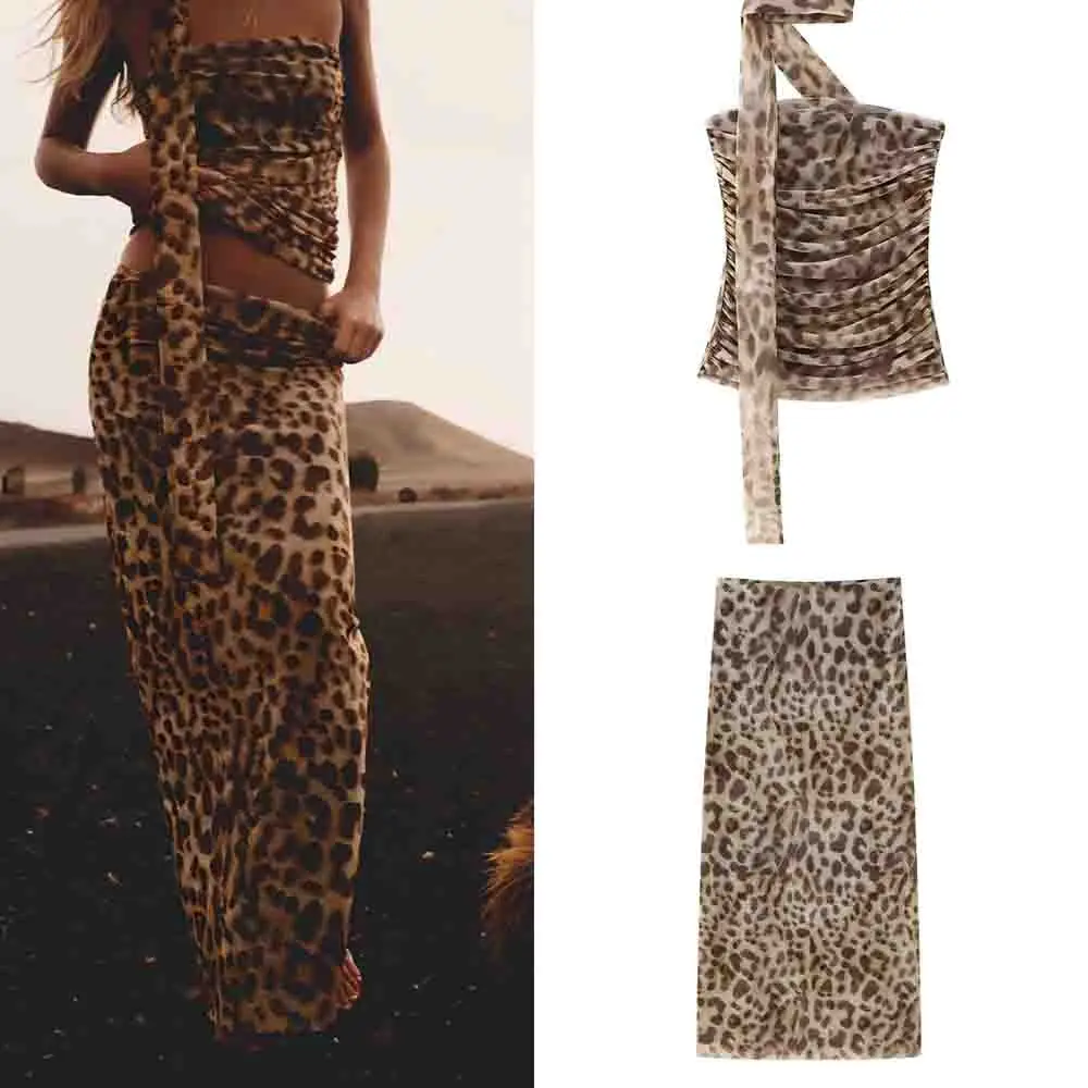 

Women's new fashion with scarf slim pleated print striped tulle strapless top retro sleeveless women's vest chic top+Skirts suit