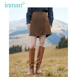 INMAN Women Skirt 2023 Winter High Waist A-shaped Slim Fit Irregular Hem Gold Buckle Fashion Trendy Versatile Miniskirt