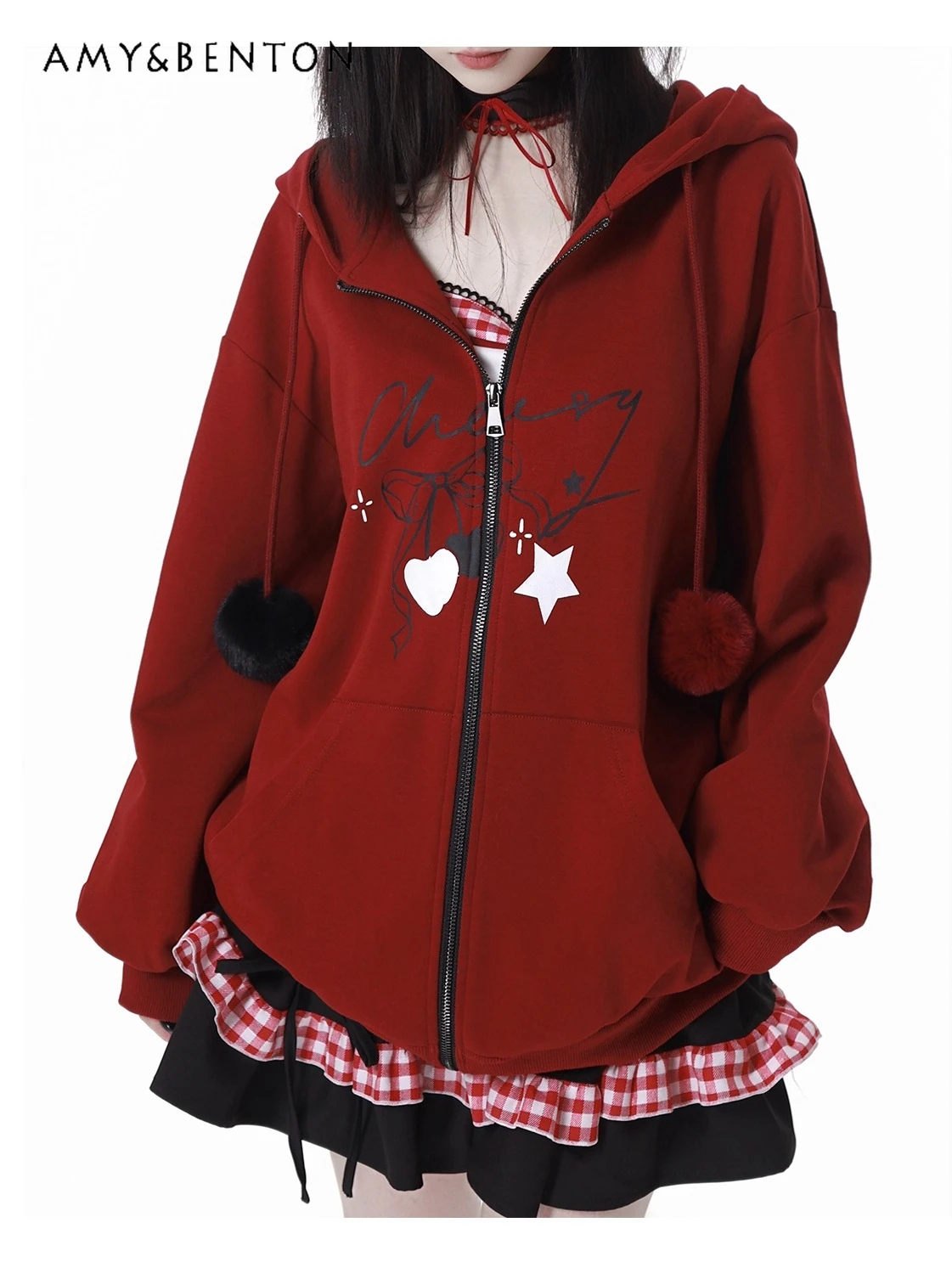 

2025 Spring and Autumn New Women's Cherry Red Loose Casual Hooded Sweatshirt with White Irregular Sling and Black Short Skirt