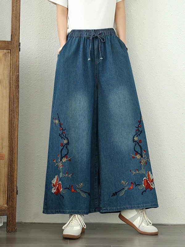 

Retro Heavy Embroidery Ethnic Sle Soft Denim Casual Wide Leg Pants Elastic Waist Versatile Loose Fit Blue Summer Jeans