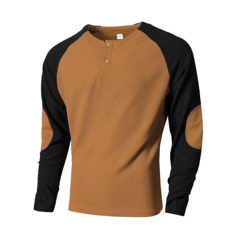 Outdoor Casual Breathable Long-sleeved Spring and Autumn Men's Top Raglan Splicing Round Neck Waffle Sweatshirt