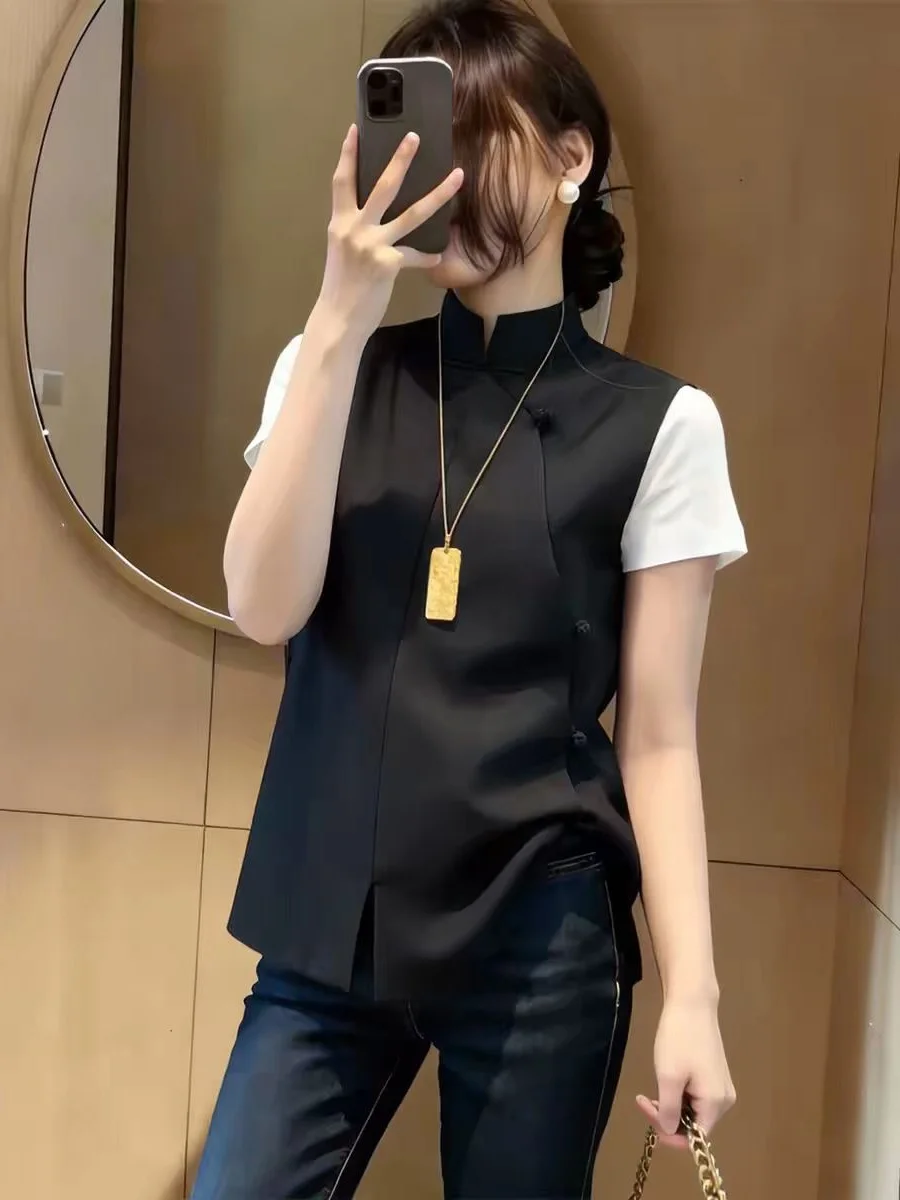 

New Chinese Style Stand Collar Black Buttoned Vest Fashionable Versatile Top Women's Fashion Spring Collection 2026