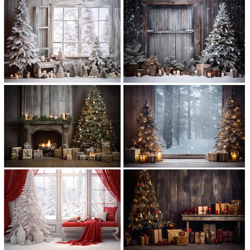 

Christmas Day New Year Decoration Photography Backdrops Pinecones Snow Fireplace Xmas Tree Winter Holiday Party Background DT-12