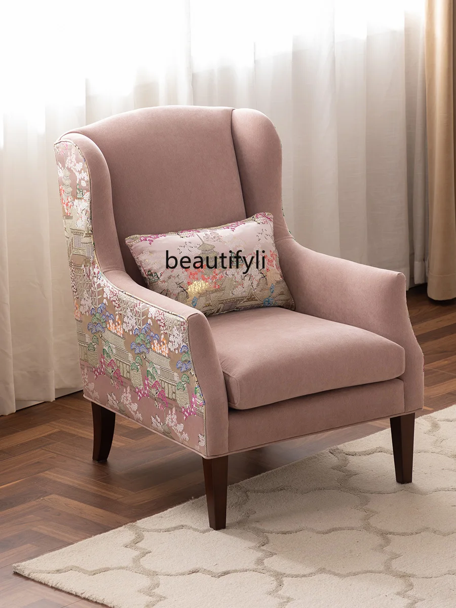 American Retro National Trend Embroidered Fabric Tiger Chair Small Apartment Single Sofa Bedroom Leisure Chair