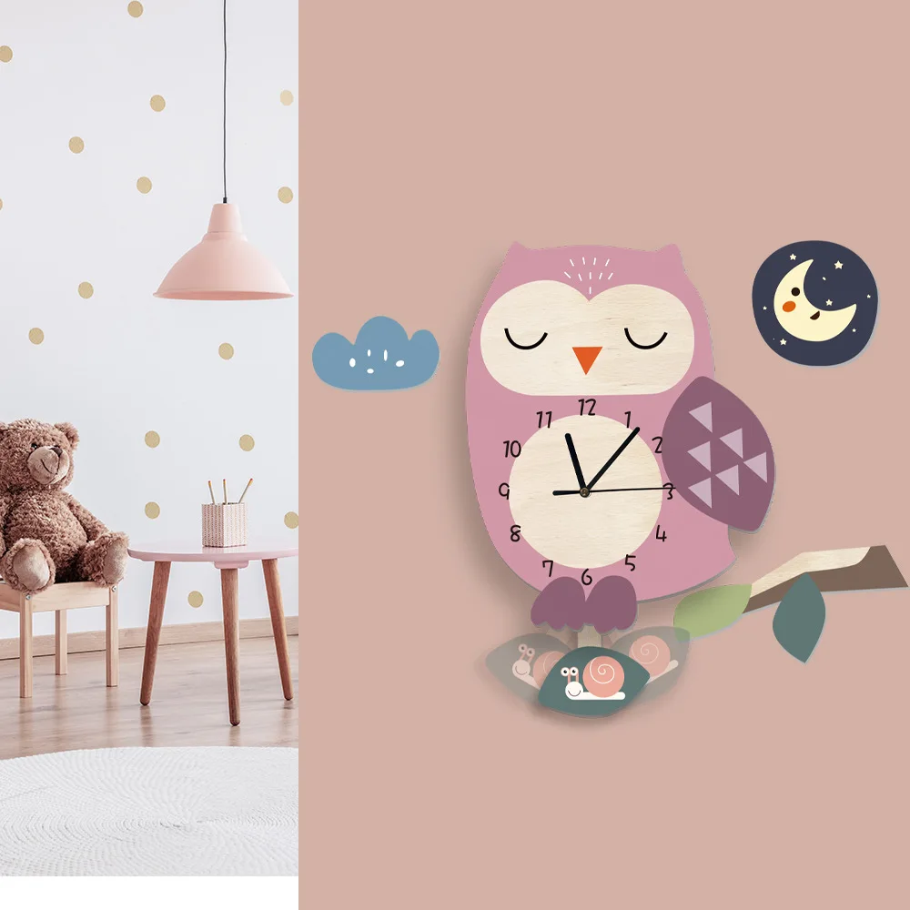 Cartoon Owl Wall Clock for Kids Room Pink Mute Movement Wooden 3D Reloj de Pared Horloges Home Decor Living Room Pendulum Gift