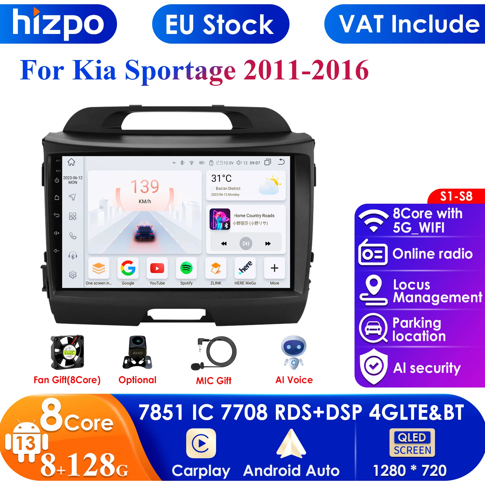 8G+128G AI Voice 2 Din Android Auto Radio For KIA Sportage 3 2010-2016 2015 Carplay Car Multimedia GPS 2din Autoradio SWC BT RDS